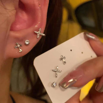 DAIIIBABYYY  -  6Pcs/set Silver Color Rhinestone Cross Stud Earrings For Women Fashion Punk Earring Sets Trendy Jewelry Gifts